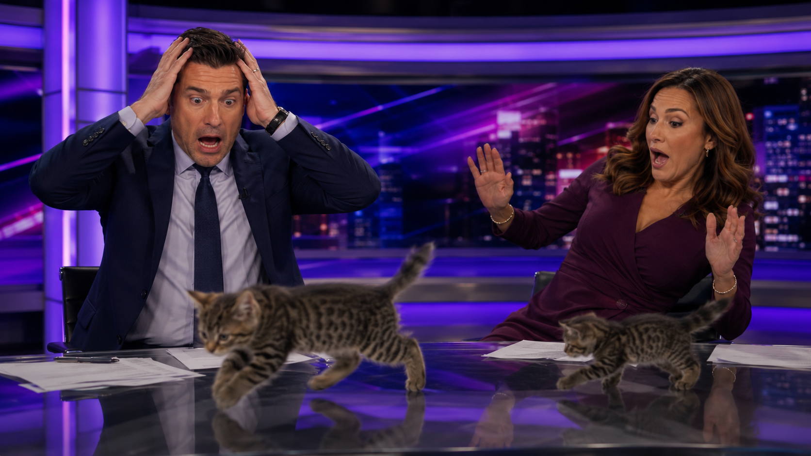 Two shocked news anchors as kittens run across the studio desk