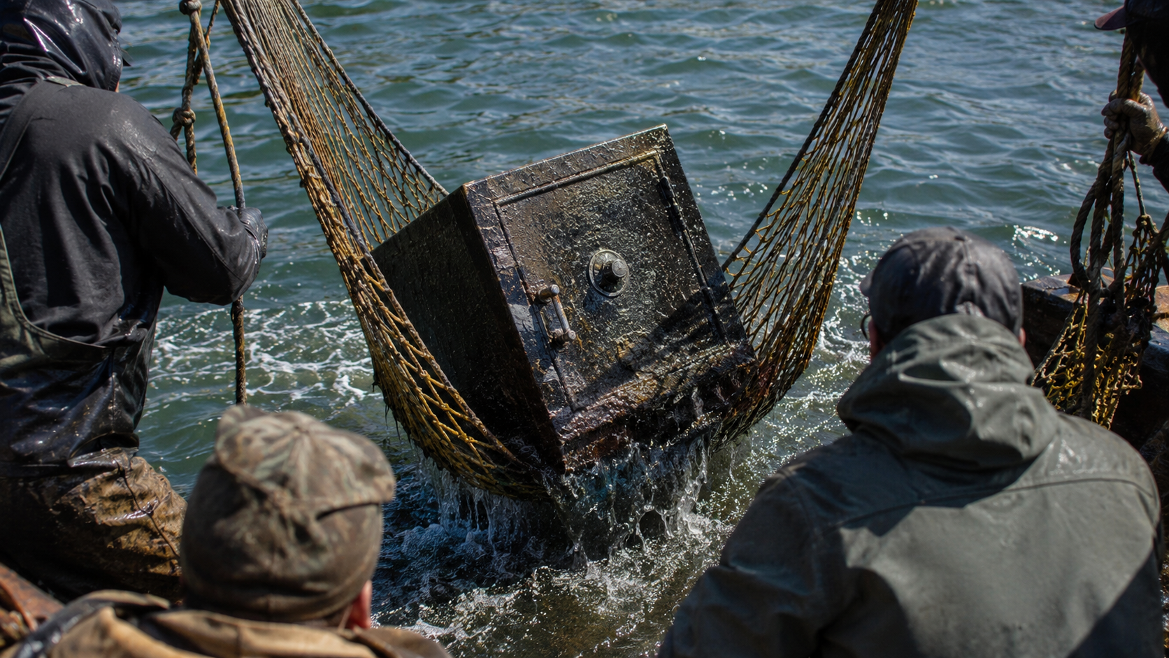 Fischer ziehen einen schweren Safe aus dem Meer an Bord ihres Bootes