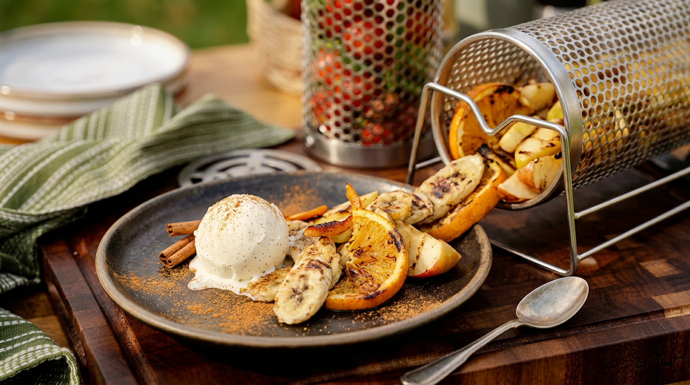 Fruchtdessert vom Grill mit Vanilleeis und Zimt